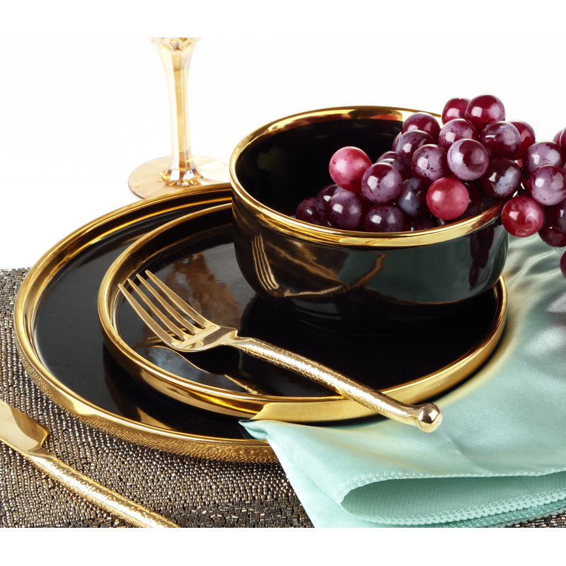 Luxurious Black and Gold Ceramic Dinnerware Set, Service for 4