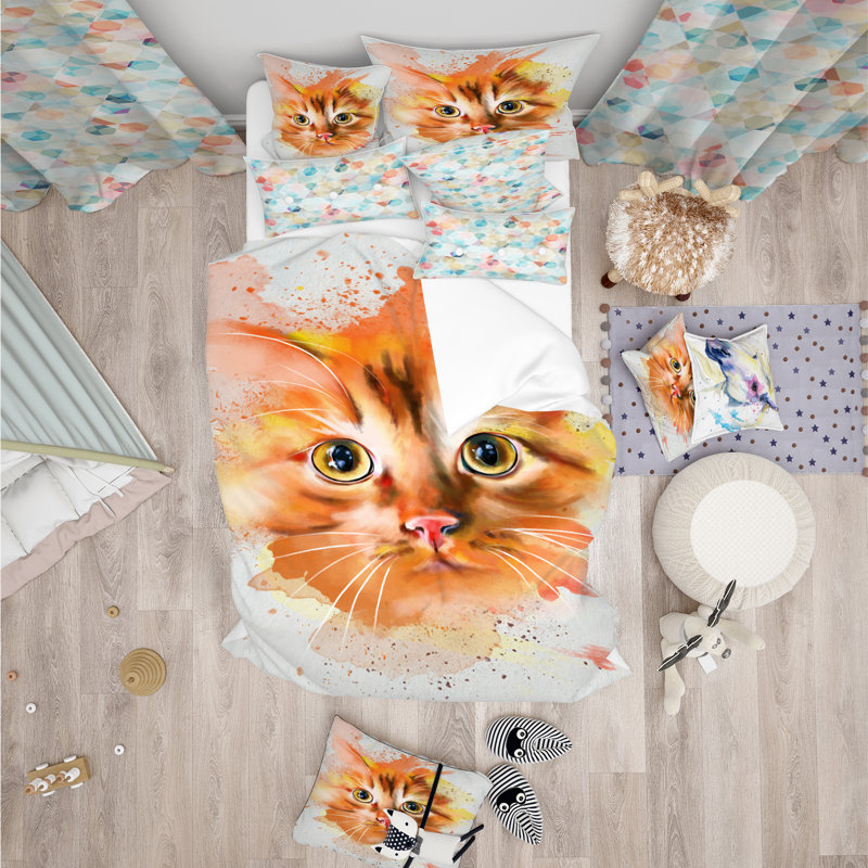 Ensemble de housse de couette pour chat aquarelle designart jolie, Housse de couette grand + 2 taies décoratives