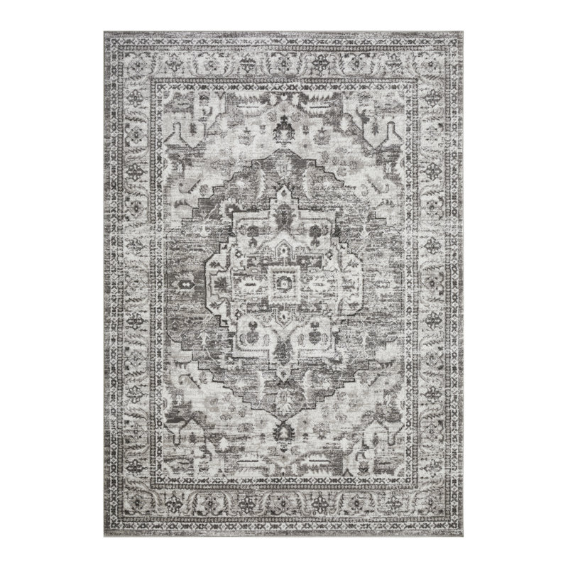 Tapis oriental gris en polypropylène tissé à la main Ragheb, Rectangle 6 pi 7 po x 9 pi 2 po