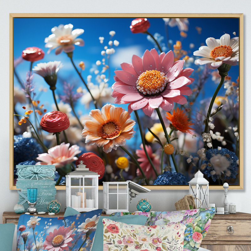 «Atzel Whimsical Wildflowers in Blue Sky», reproduction, H 24 po x l 32 po x P 1 po, Cadre naturel flottant
