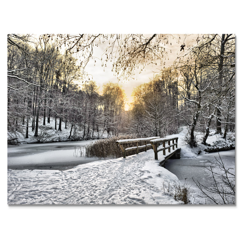 Wooden Bridge In Snow Winter River - Landscapes Canvas Wall Art, 8" H x 12" W x 1" D, Wrapped Canvas