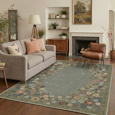 Botanique Floral Machine Washable Green Indoor Area Rug with Non-Slip Backing