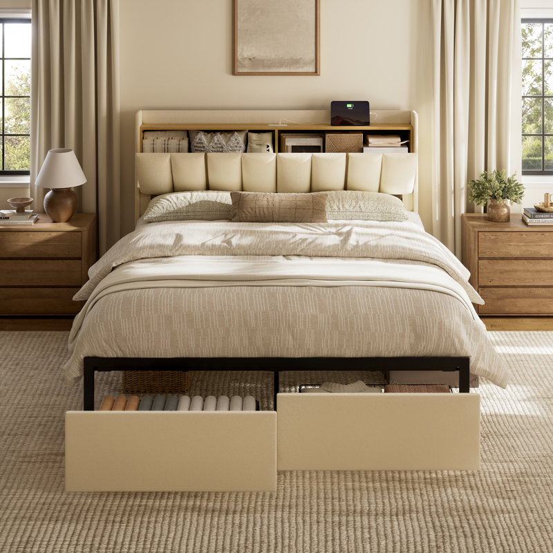 Upholstered Full Bed with 2 Drawers and Open Storage Headboard，Platform Bed with Charging Station, No Spring Boxing Needed, Beige