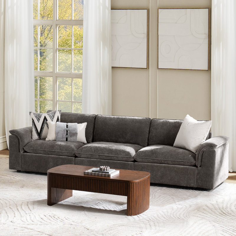 Cioffi 122"W Oversized 3 Piece Down Blend Modular Cloud Modular Sofa with Removable Cushion Cover, Gray