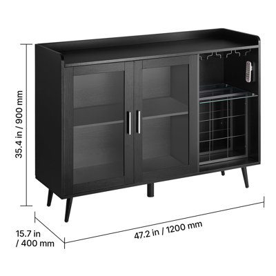 Armoire à vin, armoire à café avec 9 supports à bouteilles de vin, buffet moderne avec porte-verre, luminosité à DEL réglable, pour la maison, le salon, la salle à manger, grain de bois noir