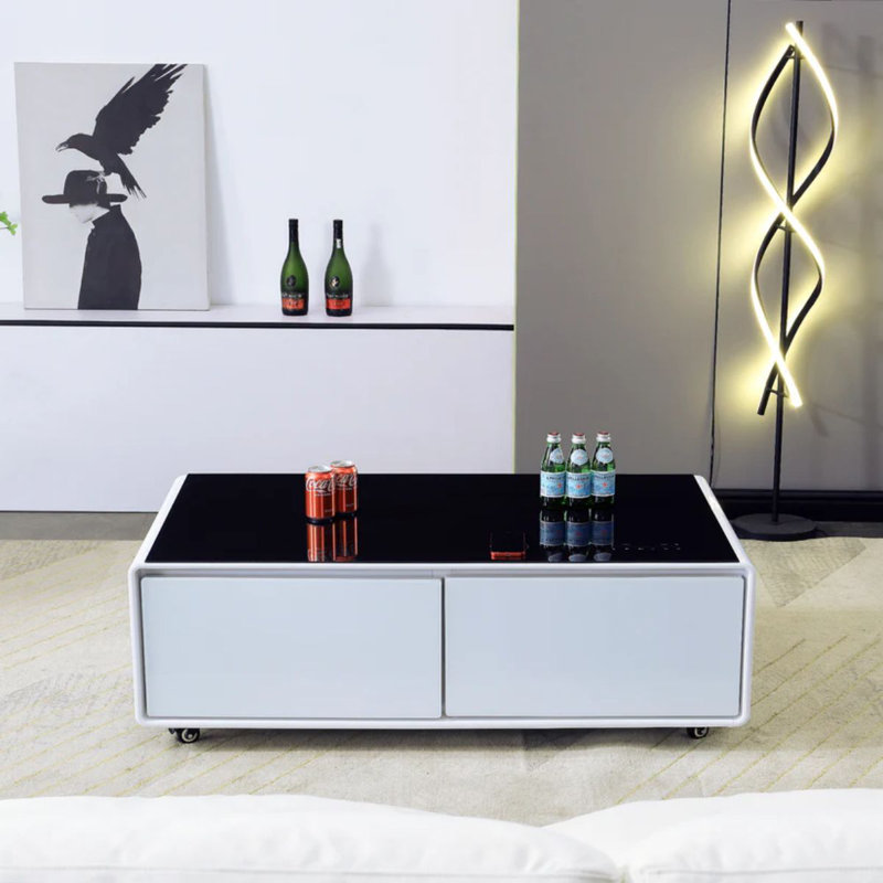 Smart Coffee Table with 135"L Fridge and Wireless Charge, Black/White