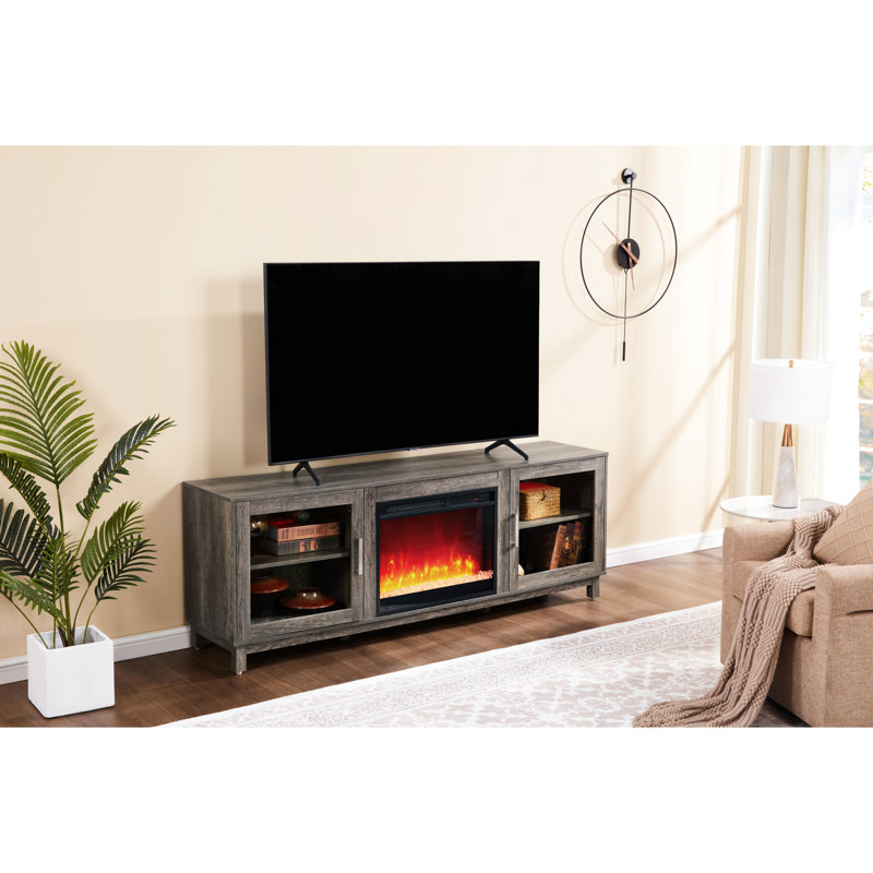 Grey Walnut Finish 70"w Tv Stand With Fireplace And Heater, 11 Temperature Variations, 7 Flame Colour Choices, Timer, Cabinets Shelf Led, 15.14 In Depth, 24.7 Height, 114.27 Lb Settings, Options,