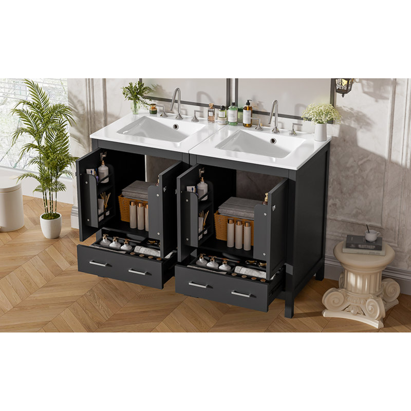 de salle de bain en bois massif avec lavabo encastré en céramique, style transitionnel, armoire de rangement autoportante pour les maisons modernes