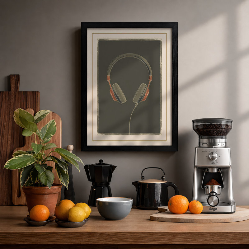 Headphones in Gold Modern - Framed Print, Black, A3 - 42.0 x 29.7 cm