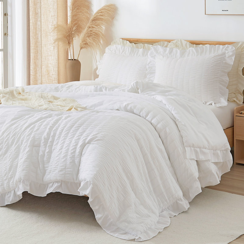 Ensemble de couette Suncomfy Ruffle Seersucker pour lit queen, style shabby chic, blanc, 3 pièces, ambiance romantique champêtre, ultra doux et léger, couette moelleuse toutes saisons