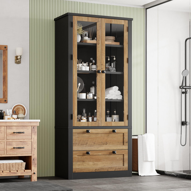 Armoire de cuisine 72 po, ferme moderne avec 2 tiroirs, tablettes réglables pour le salon de la salle de bain, Naturel/noir