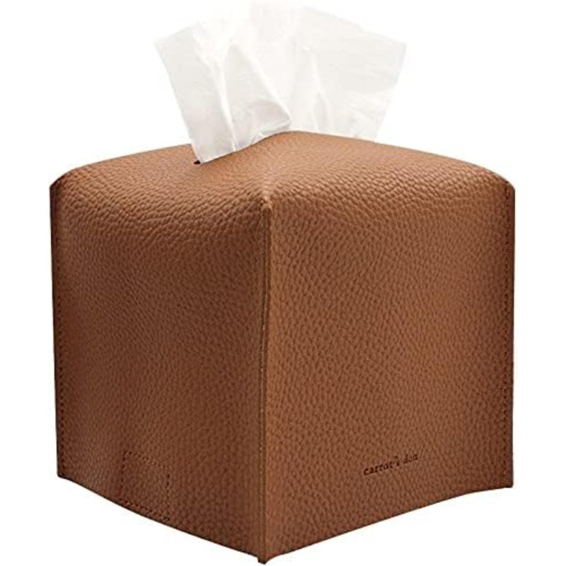 Tissue Box Cover Holder Square With Bottom Belt By  PU Leather Decorative Organizer For Tabletop Bathroom Car Office | Camel