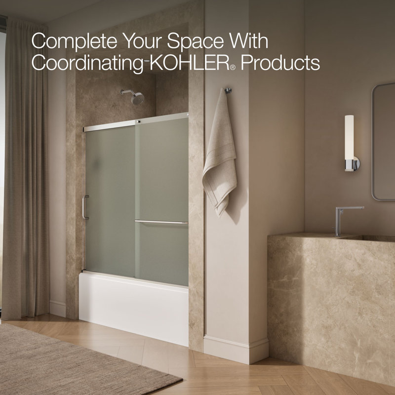 Elate Sliding Bath Door, 56-3/4-In H X 56-1/4 - 59-5/8-In W, With 1/4-In Thick Crystal Clear Glass, Silver/Frosted