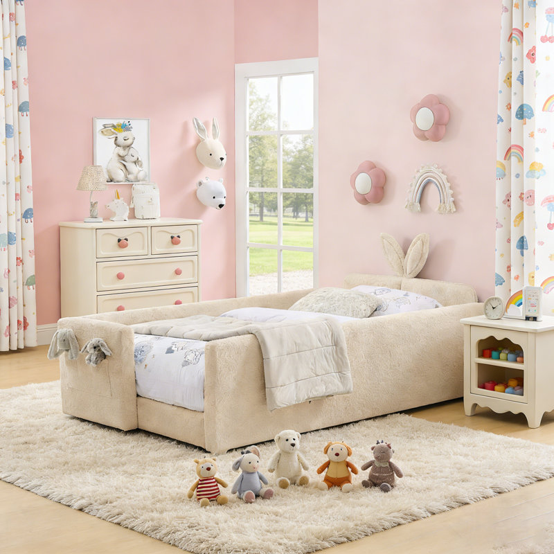 Upholstered Platform Bed With Cute Rabbit Ear Shaped Headboard, Safety Rail, And Pocket, Boucle Fabric, Camel