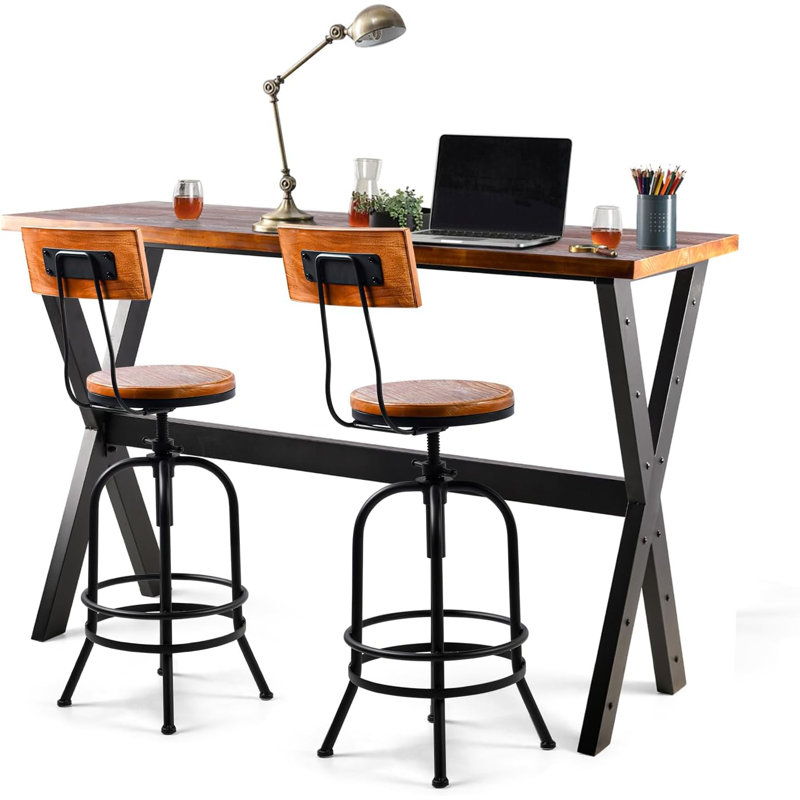 3-Piece Table & Chairs Set,  Bar Dining Cafe Pub Party, Industrial Black Metal & Rustic Brown Wood, X-Leg Rectangular Table, 2 Swivel Adjustable Barstools With Backrest
