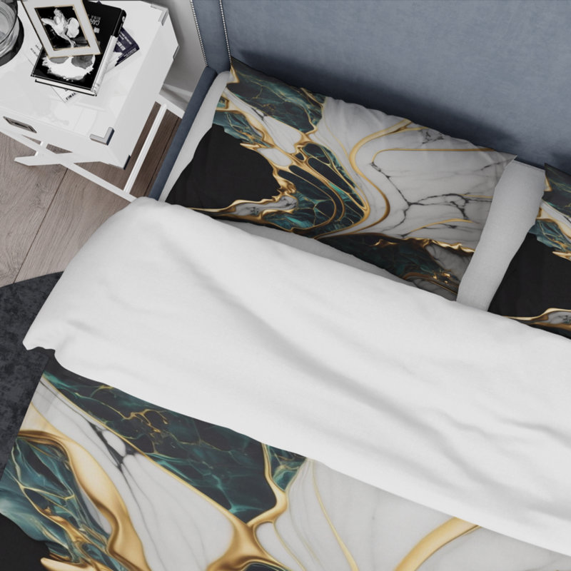 Ensemble de housse de couette en microfibre / polyester Abstract Geode Gold and Green Marble III