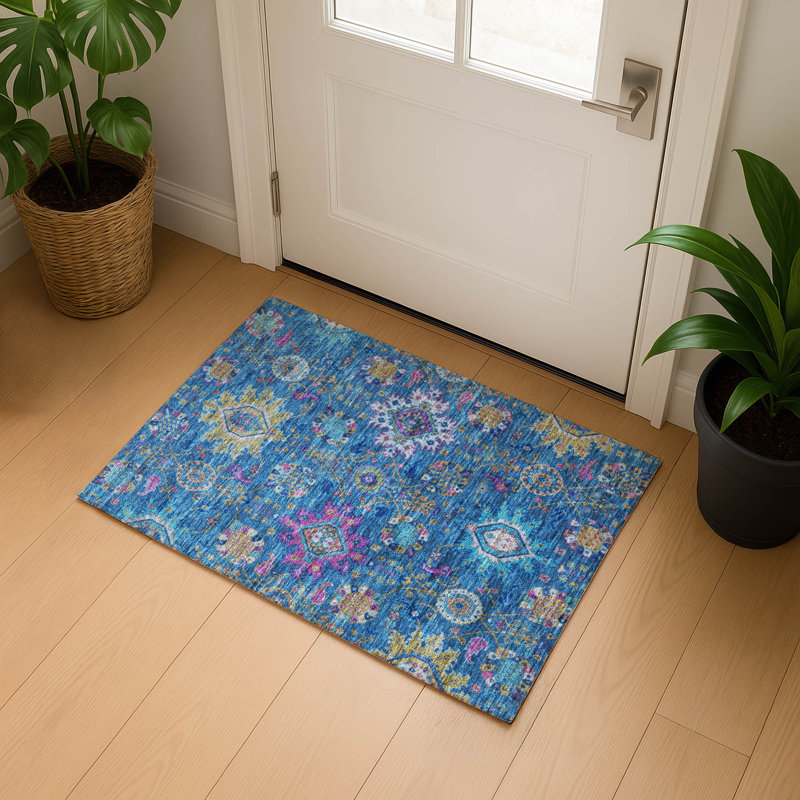 Premium Machine Washable Mayfield AMF2151 medallions Rug, Rectangle 1'8" x 2'6", Blue