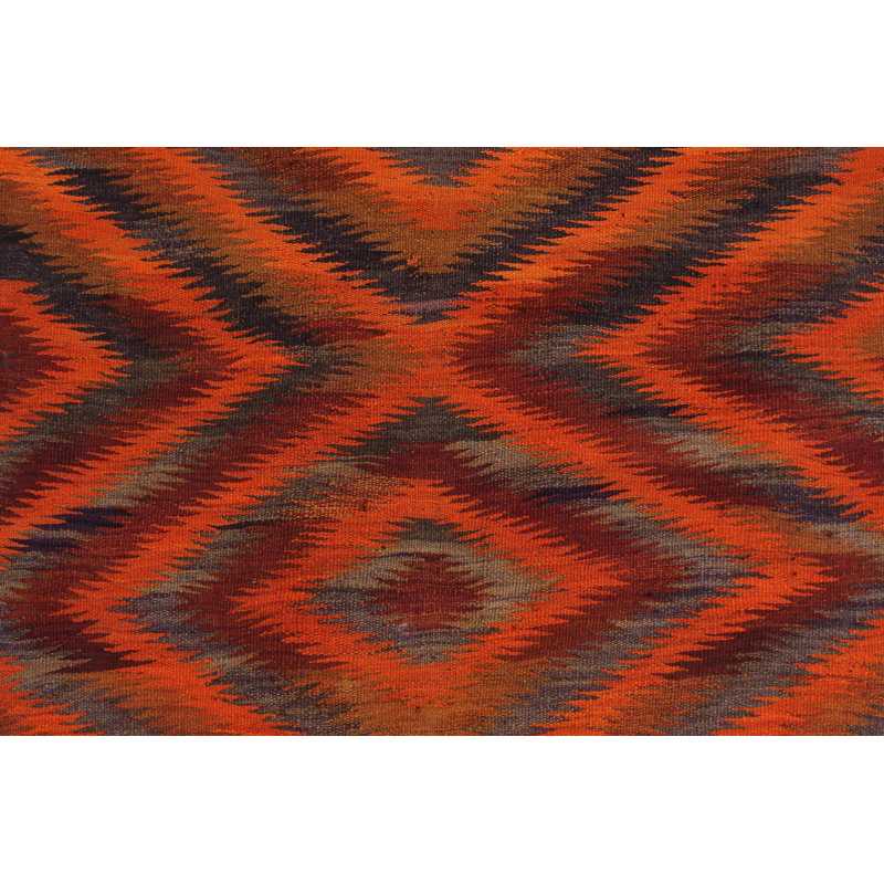 Tapis rouge / orange en laine noué à la main à motif géométrique 4 pi 1 po x 10 pi 1 po Bahos