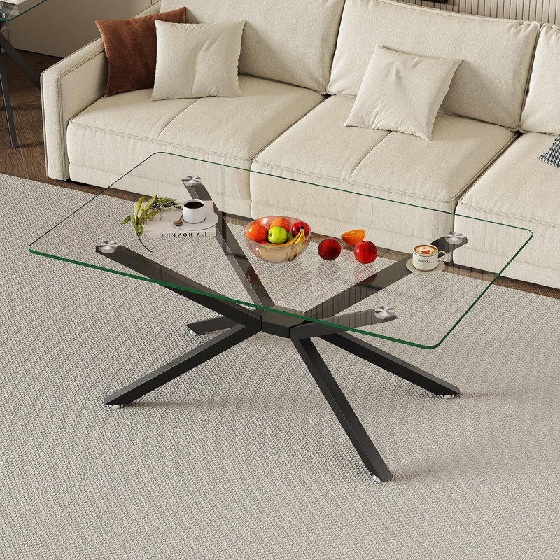 Table basse de 39,37 po rectangulaire en verre trempé transparent, design élégant avec pieds en métal noir, table basse pour le salon