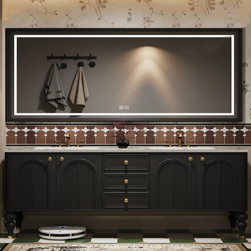 Double-basin retro floor-standing bathroom cabinet, Black, 91"