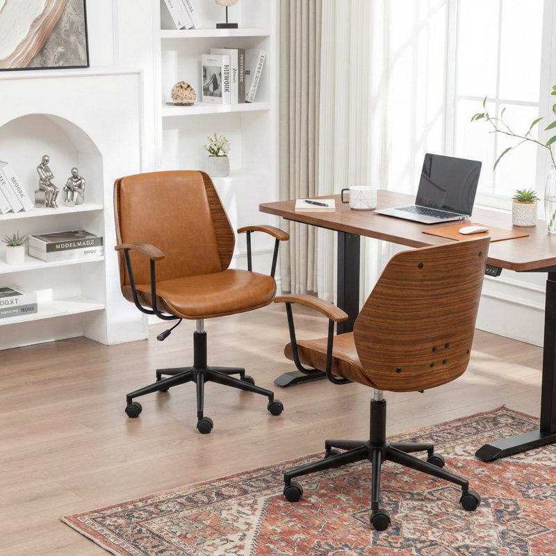 Bryonie Faux Leather Upholstered Office Chair With Bent Wood, Brown