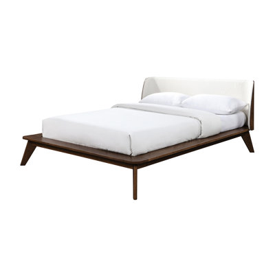Walnut Solid Wood Queen Size Bed, Mid - Century Modern Platform Bed With Fabric Winged Edge Headboard And Tapered Angled Leg, Mattress Ready Frame Hea