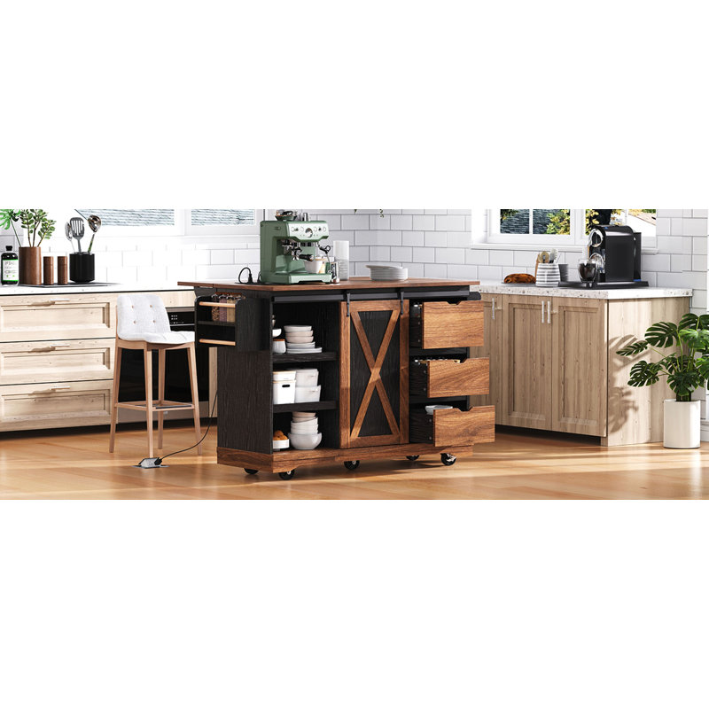 55.5" Farmhouse Kitchen Island with Drop Leaf, Black