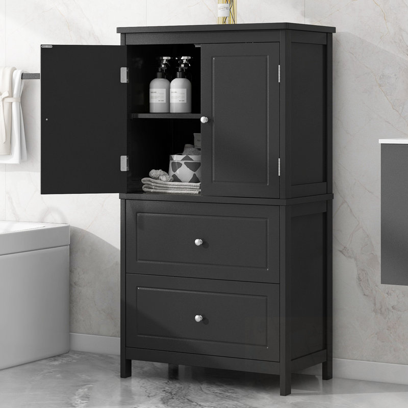 Armoire de rangement pour salle de bain avec deux portes, deux tiroirs et une tablette réglable, Noir