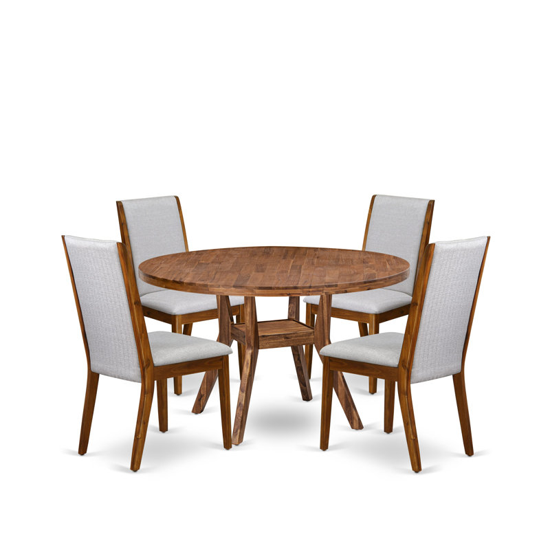5-Pc Kitchen Set Includes a Pedestal Dining Table and 4 Grey Linen Fabric Parson Chairs with High Back - Antique Walnut Finish