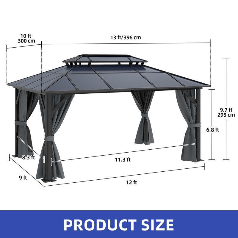 Pavillon de jardin en aluminium à double toit, 13 pi. L 10 pi. D