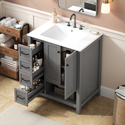 Meuble-lavabo en bois massif avec lavabo en céramique, deux portes, deux tiroirs et une tablette ouverte