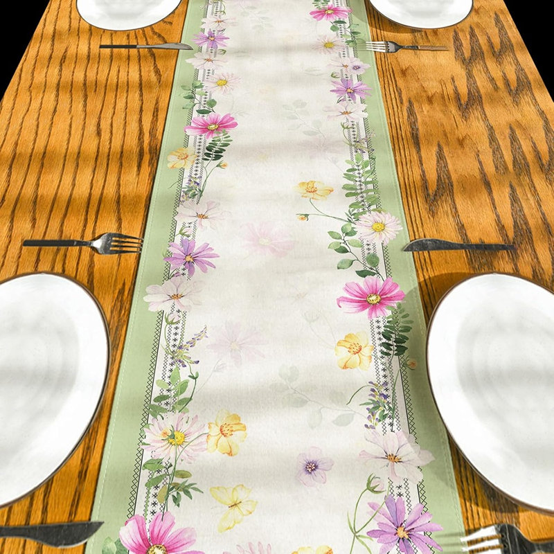 Chemin de table floral - vert pastel - printemps / été, style maison de campagne, décoration de cuisine et de salle à manger