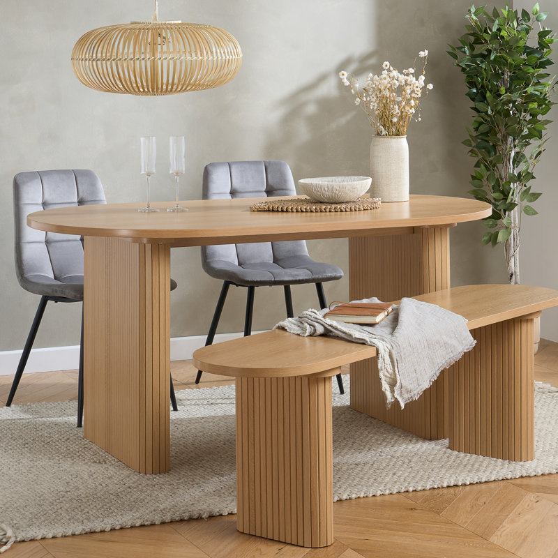 Axel Oval Fluted Dining Table With 2 Fabric Chairs 1 Bench, Brown, Brown, Gray/Brown