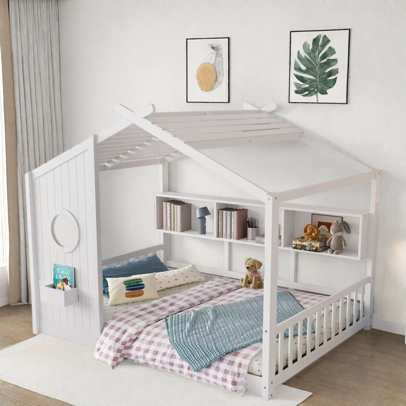Lit sur pied avec tablette de rangement, Double, Blanc