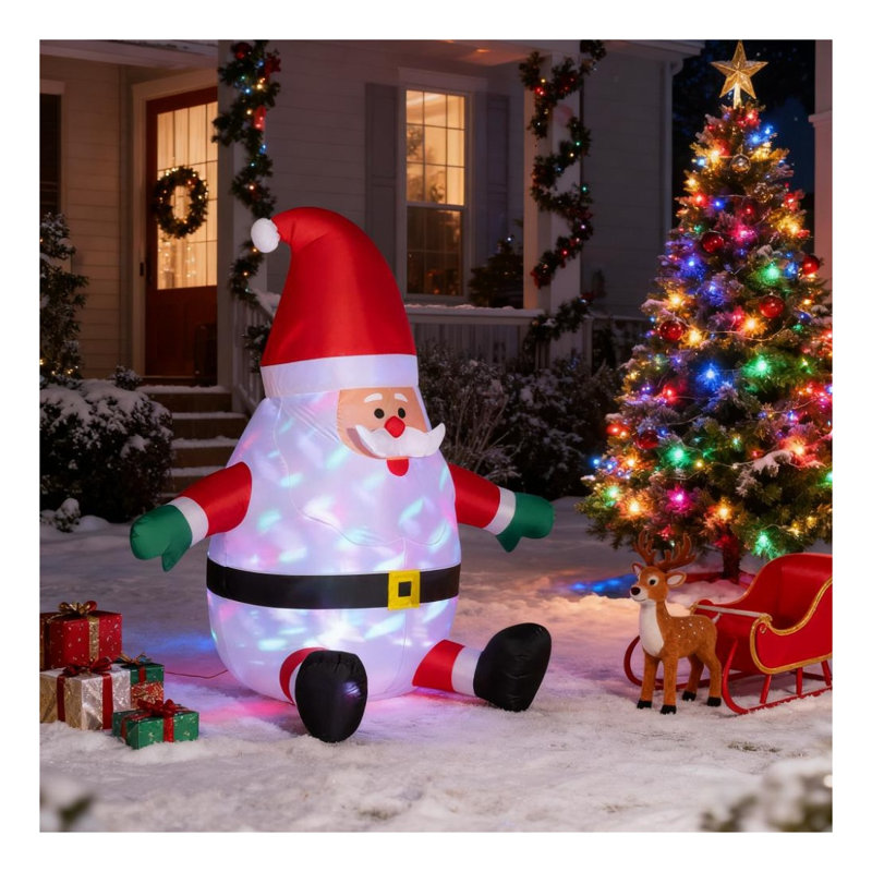 Décoration de Noël gonflable pour père Noël 7 pieds avec boule lumineuse rotative, polyester rouge - comprend des piquets et des sacs de sable
