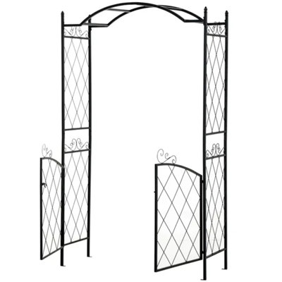 Tonnelle de jardin en métal noir avec double barrière verrouillable, treillis à treillis métallique pour vignes grimpantes, conception de piquets avec piquets de sol inclus, décoration de cour de mariage toutes saisons