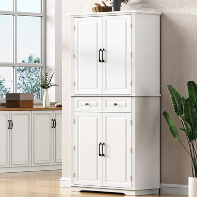71" Tall Kitchen Pantry Cabinet With 3 Pull Out Cabinet Organizers, Farmhouse Embossed Texture Storage Cabinet With 6 Door Shelves, 2 Drawers, Freestanding Cupboard For Kitchen, Dining Room White