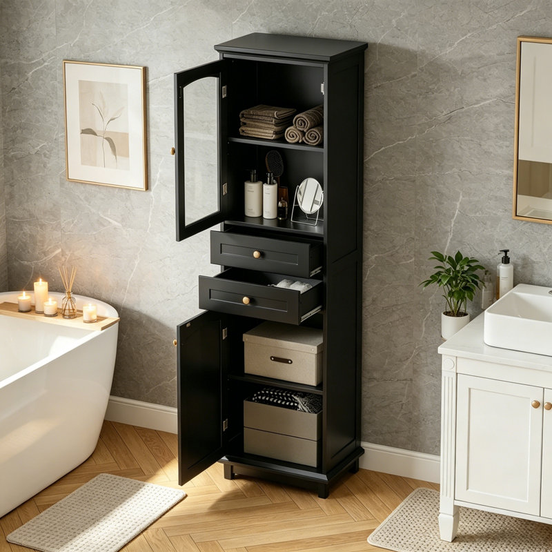 63" Tall Bathroom Storage Cabinet, Black