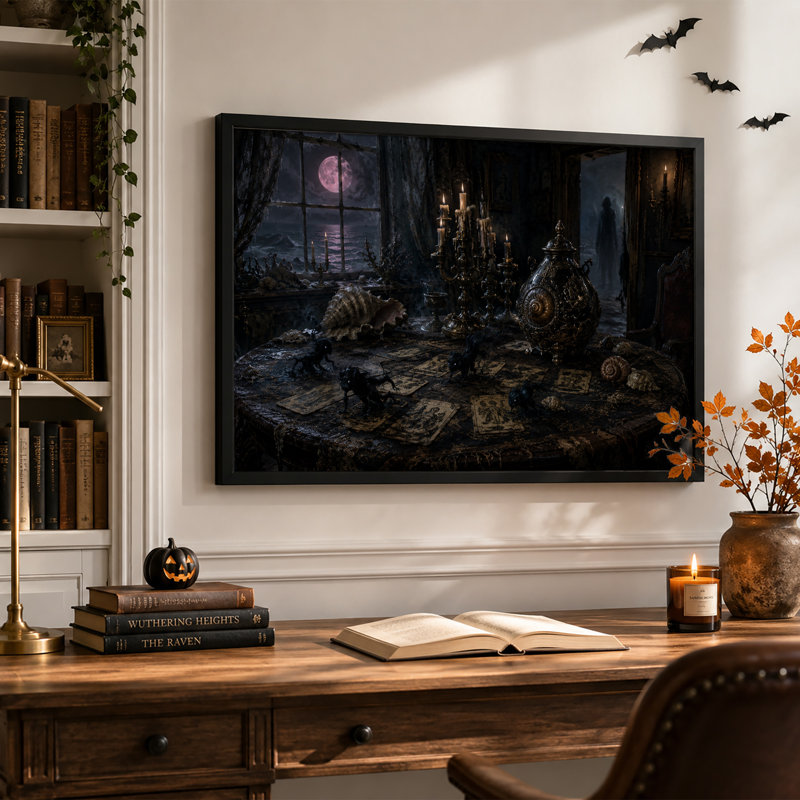 " Tarot Cards And Candles With Moonlit Sea Halloween " Painting Print, H 16 po x l 24 po