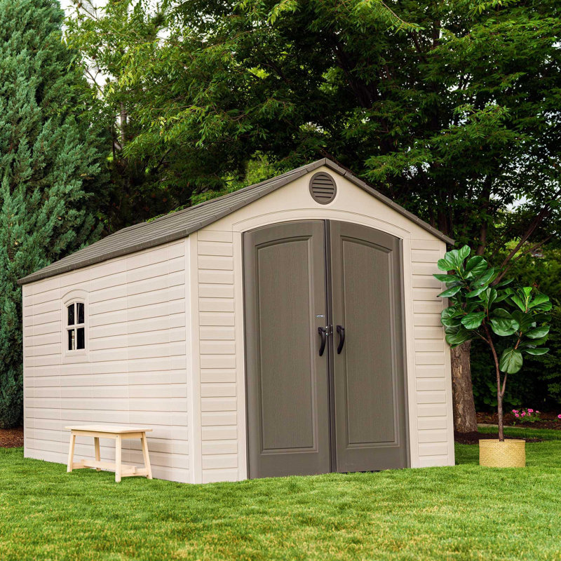 8' x 12.5' Brown Polyethylene Outdoor Storage Shed with Shelving and Windows