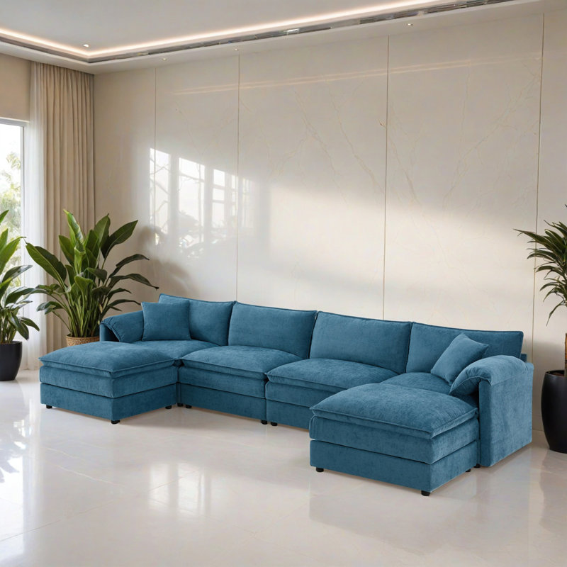 Canapé-lit modulaire 6 pièces pour salon, Chenille bleu