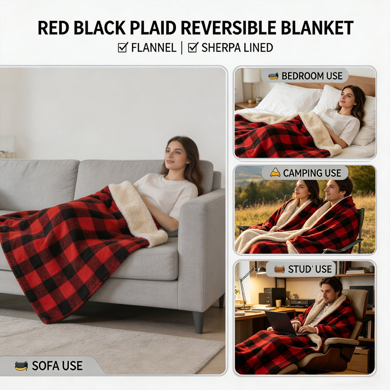 Red And Black Grid Soft Sherpa Fleece Fur Thick Dual Sided Reversible Throw Blanket., 130cm x 150cm