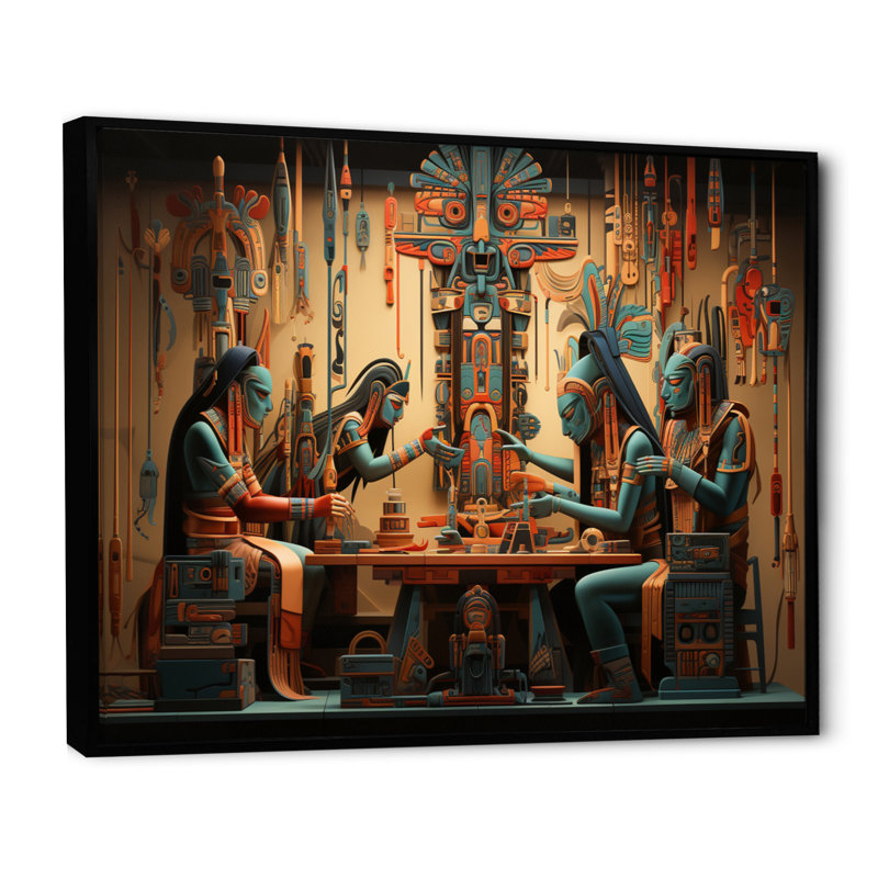 Art amérindien tissant la tapisserie - impression, H 16 po x l 32 po x P 1 po, Cadre flottant noir