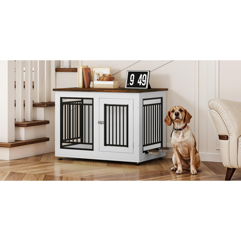 Meuble en bois pour cage de chien avec bols à nourriture double, H 20,4 po x l 28 po x P 18,5 po