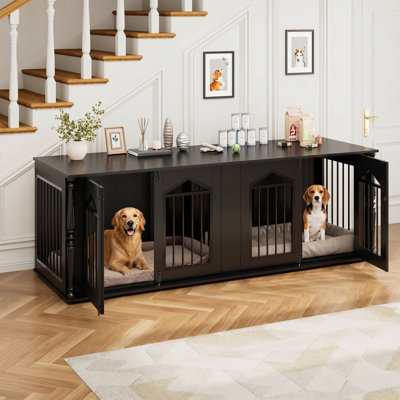 72.4" Large Wooden Dog Crate Furniture with Removable Divider, Extra Large Dog Kennel with Durable Metal Bars, Double Dog Cage Furniture for Large Dogs