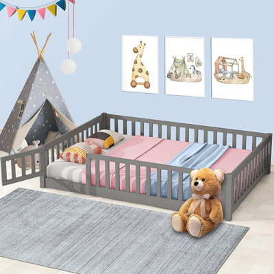 Twin Size Floor Bed With Safety Guardrails And Door And Slats, Toddler Floor Bed Frame For Girls And Boys