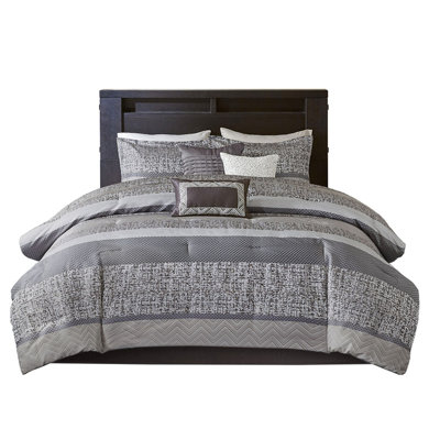 7 Piece Comforter Queen Grey/Taupe. With Solid Brown Bed Skirt. Includes Comforter, Shams, Pillows, Machine Washable . Embroidery Details. Easy To Clean