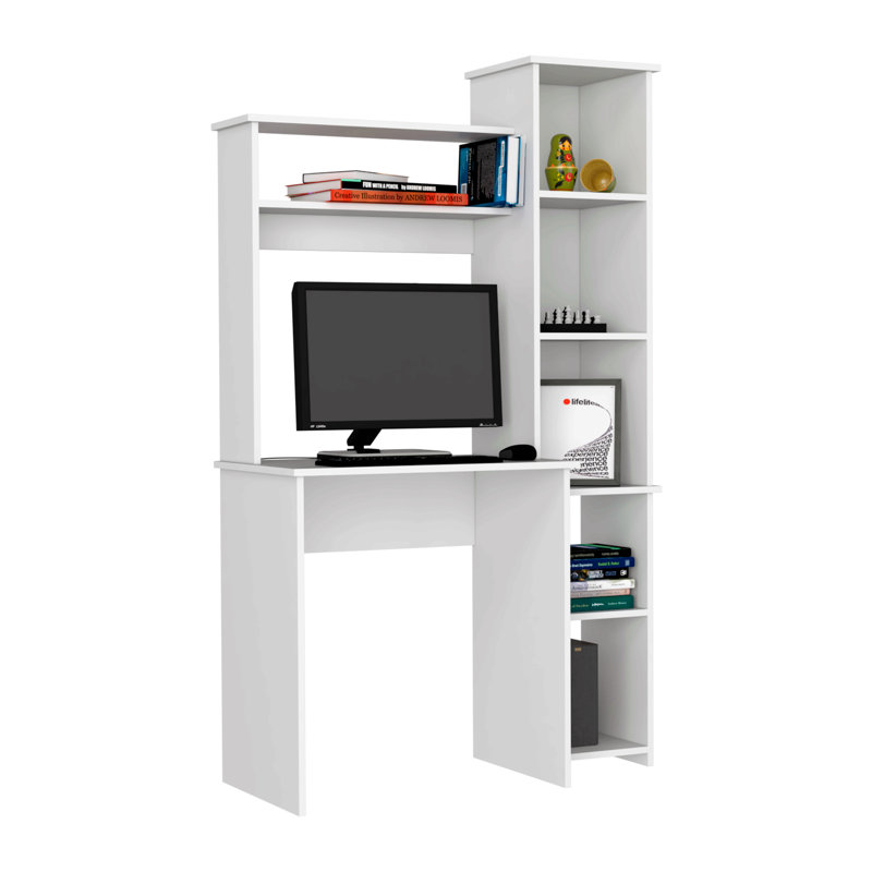 Bureau d'écriture, deux tablettes supérieures, cinq casiers, Blanc