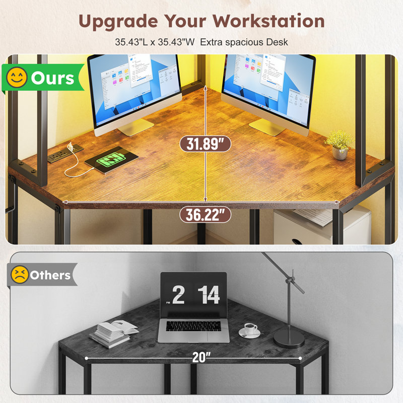 Space-Saving Corner Computer Gaming Desk with LED Lights, Power Outlets, and Shelves, Brown