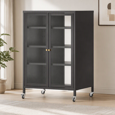 35.8" High Media Storage Cabinet with Wheels, AV Stereo TV Stand with 4 Adjustable Glass Shelves & Door, Heavy-Duty Steel Frame for Living Room, Easy Assembly